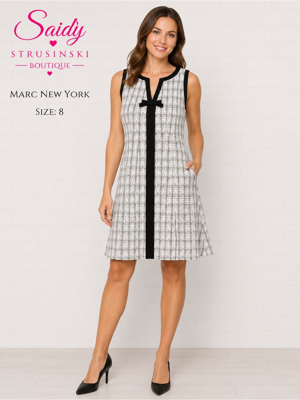 Marc New York Tweed Shift Dress Size 8 Black Ivory Sleeveless Bow Detail NWT